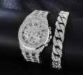 1pc Men Rhinestone Decor Square Pointer Quartz Watch & 1pc Bracelet. 