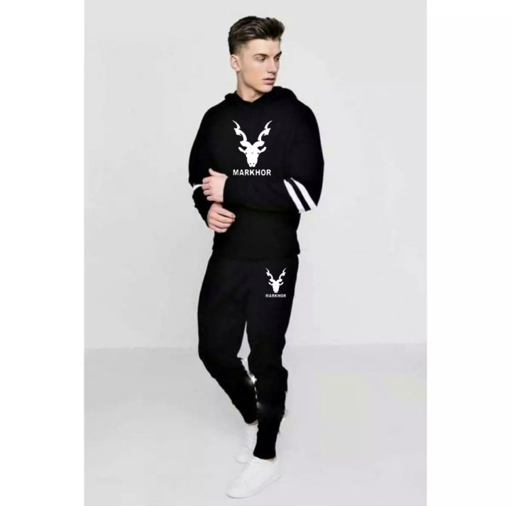 Black Double Stripe Printed Winter Tracksuit For Men Boys