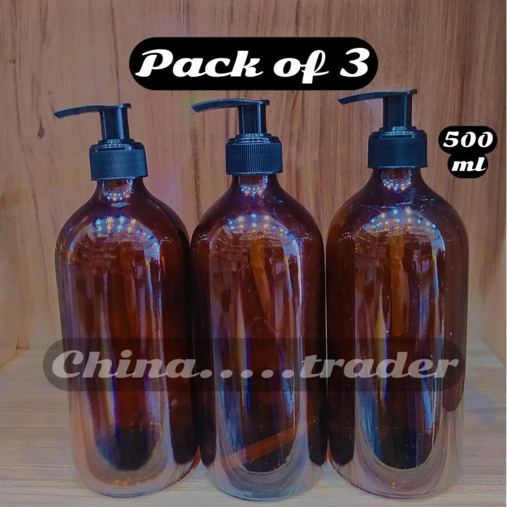 Large capacity (500ml)../Black Pump Amber Glass Bottle  For Shampoo Lotion Oil Soap Gel Empty bottle Container