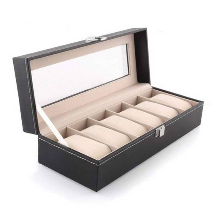 6 Slot Wrist Watches Storage Box - Black Leather Watch Display Box