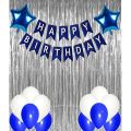 Silver and Blue Birthday Banner Decoration Set With Back Drop Curtains and Stars Foil Balloons and Latex Balloons. 