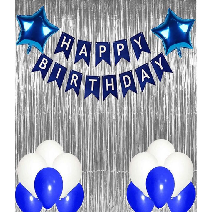 Silver and Blue Birthday Banner Decoration Set With Back Drop Curtains and Stars Foil Balloons and Latex Balloons