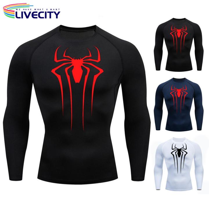 Men Long-sleeved Top Men's Spider Print Compression Gym T-shirt Breathable Sweat Absorbent for Fall/spring Workout Solid Color Long-sleeved Top