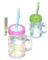 Multicolor Heat Resistant Fruity Glass Mason Jar Mugs Fruit Juice Cups with Lid and Straw For Milk, Milkshakes Juices 480 m. 