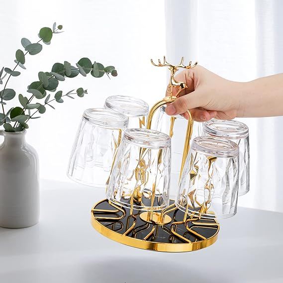 360 Rotating Cup Drying Rack Stand, Steel 6 Cups Mug Drainer Holder, Spin Non Slip Glass Tumbler Organizer Tree with Silicone Protective Hooks for Kitchen Countertop, Space Saving, Golden