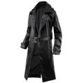 Mens Long Leather Coat Black Full Length Overcoat. 