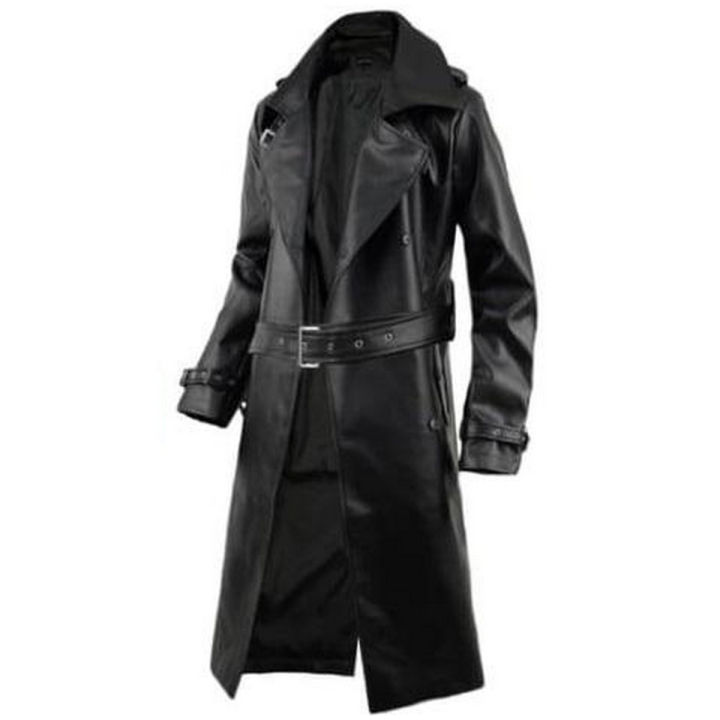 Mens Long Leather Coat Black Full Length Overcoat