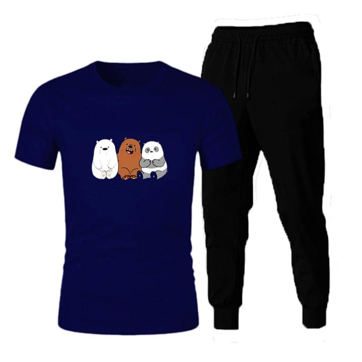 Anime Bear Tracksuit Printed T Shirt And Trouser Cotton Half Sleeves Summer Collection Top Quality For Women