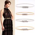 New Silver Gold Metal Belt Double Ring Imitate Rhinestone Lady Waist Belt Dress Suits Elastic Thin Slim Women Belts Waistband. 