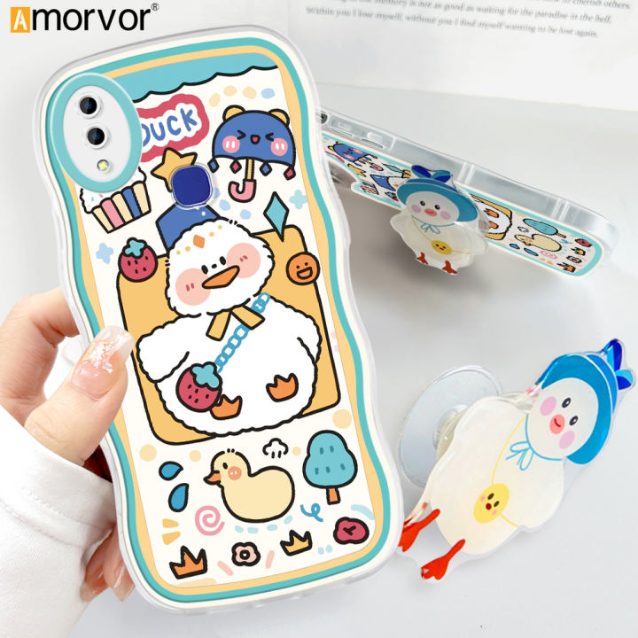 AMORVOR for Vivo V11i Back Cover With Free Holder Cartoon Animals Soft Wavy Phone Case Camera Protection Transparent TPU Soft Cover