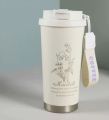 Harebell Premium Travel Coffee Mug | Double Wall Stainless Steel Vacuum Insulated Tumbler with Leak-Proof Flip Lid & Carry Strap – Elegant White Gold Floral Design | Reusable Hot & Cold Beverage Cup for Office, Home & Outdoor Use – 500ml. 