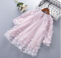 Kids girls tea pink 3D flower soft net dress with small pouch children dress for party/wedding/event/eid/birthday. 