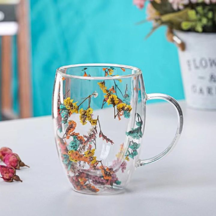 Dried Flower Filling Double Wall Glass Cup Tropical Resistant Handle Coffee Cup Tea Cup Milk Cup Mug Gift Drinking Glasses
