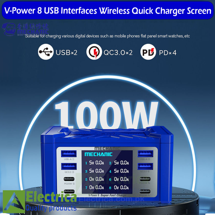 Super Fast Charger MECHANIC V-Power 8PRO 8 Ports 110W High-power for Mobile Phone Ipad Smart Watches LED Wireless Charging Tool by Electrica