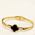 Elegant Gold-Plated Four-Leaf Clover Bangle with Black Enamel and Crystal Accents |stainless steel bracelet -Luxury Jewelry for Women |Best Gift for Girls. 