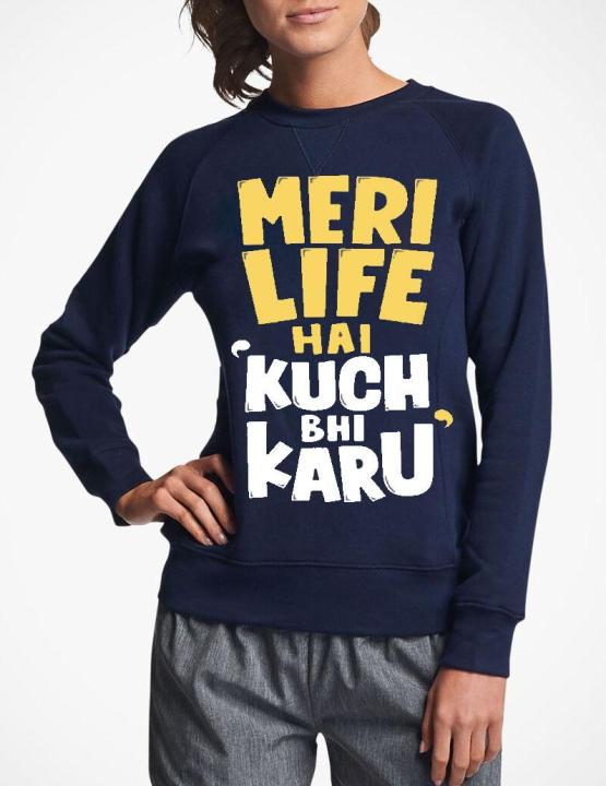 KUCH BHE KARU navy blue New Fashion Printed Fleece sweetshirt For Womens