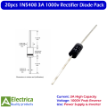20Pcs 1N5408 IN5408 Power Rectifier Diode – High Current 3A 1000V for Power Supply, Battery Charger, Solar Inverter, and DIY Electronics Projects by Electrica. 