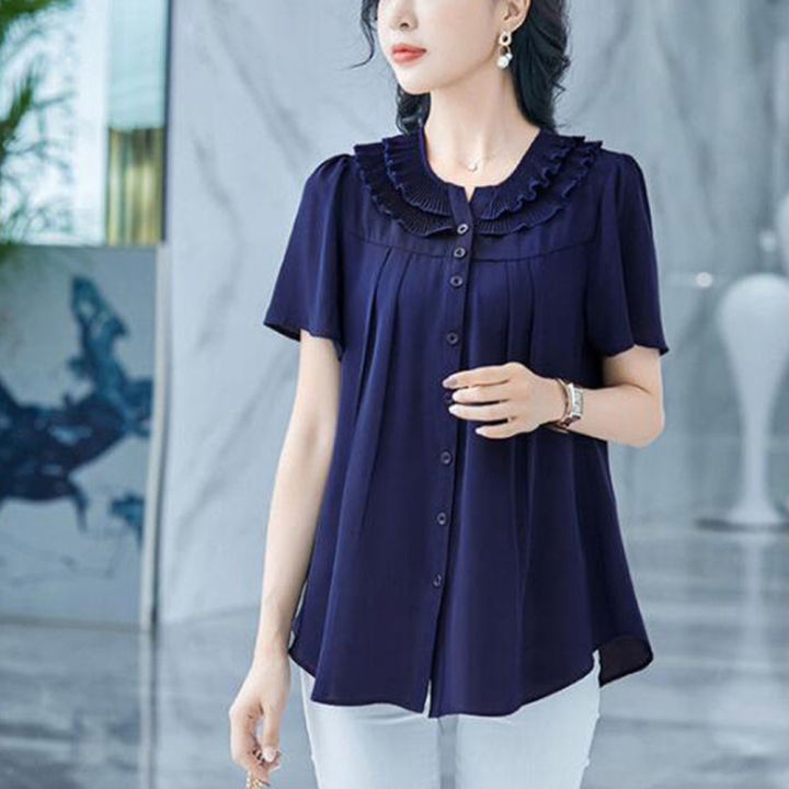 bellylady%20Summer%20Large%20Size%20Blouse%20For%20Women%20Short%20Sleeves%20Loose%20Chiffon%20Shirt%20Simple%20Solid%20Color%20Elegant%20Cardigan%20Tops%20-%20Image%204