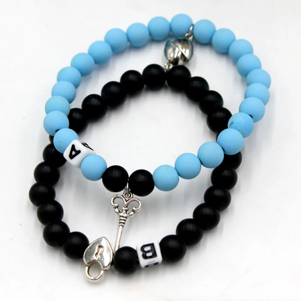 2Pcs Fashion Heart Lock Couples Bracelets Mutual Attraction Beads