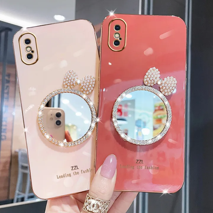 LECOMES%20for%20iPhone%20Xs%20Max%20Back%20Cover%20with%20Bowknot%20Makeup%20Mirror%20Luxury%206D%20Plating%20Shiny%20Phone%20Case%20Soft%20Silicone%20Square%20Mobile%20Cases%20Pouch%20for%20Girls%20Boys%20-%20Image%203