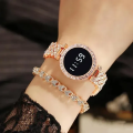 Diamond Digital Touch Screen LED Watch For Girls With Bracelet - Wrist Watches in Round and Square Dial For Women's With Diamond Stainless Steel Chain - Ladies Silver Jewellery Watches. 