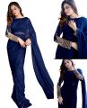 Women Stitched Embroidered Pearl Chiffon Saree With Blouse & Petticoat. 