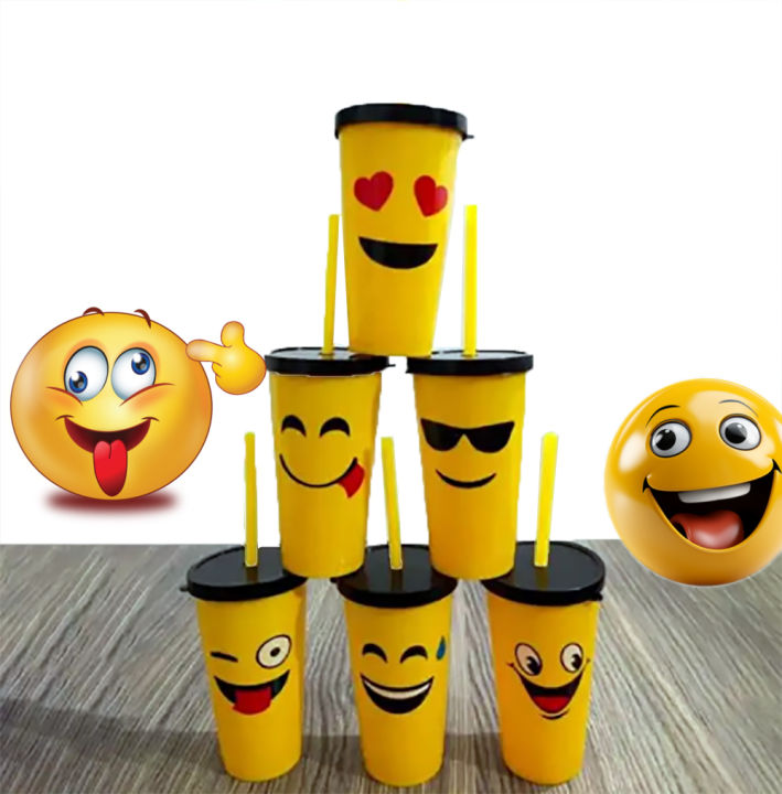 Emoji Face Expression Plastic Glass With Straw - Straight Headed / Creative Emoji Expression Glass For Kids