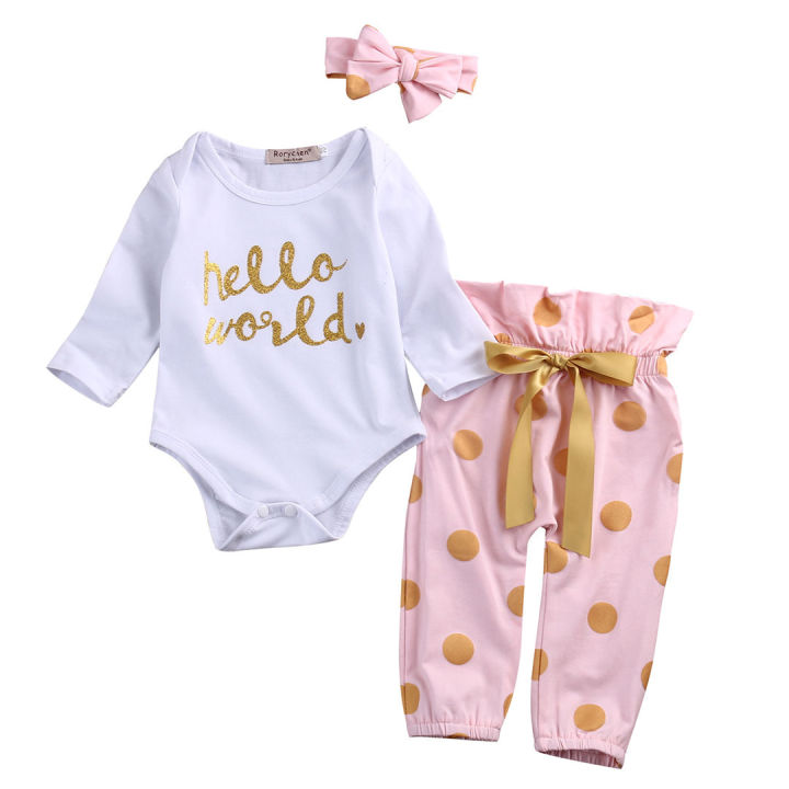Infant Newborn Baby Girls HELLO WORLD Romper Tops+Pants Bodysuit Clothes Outfits