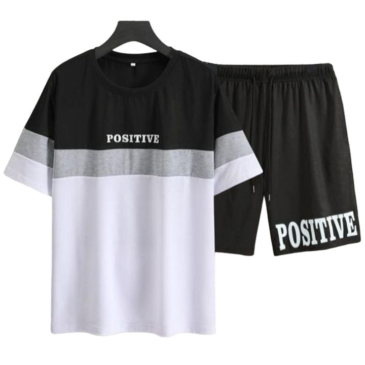 Summer Men Letter Graphic Color Block Tee & Drawstring Waist Shorts Track suit for Summer