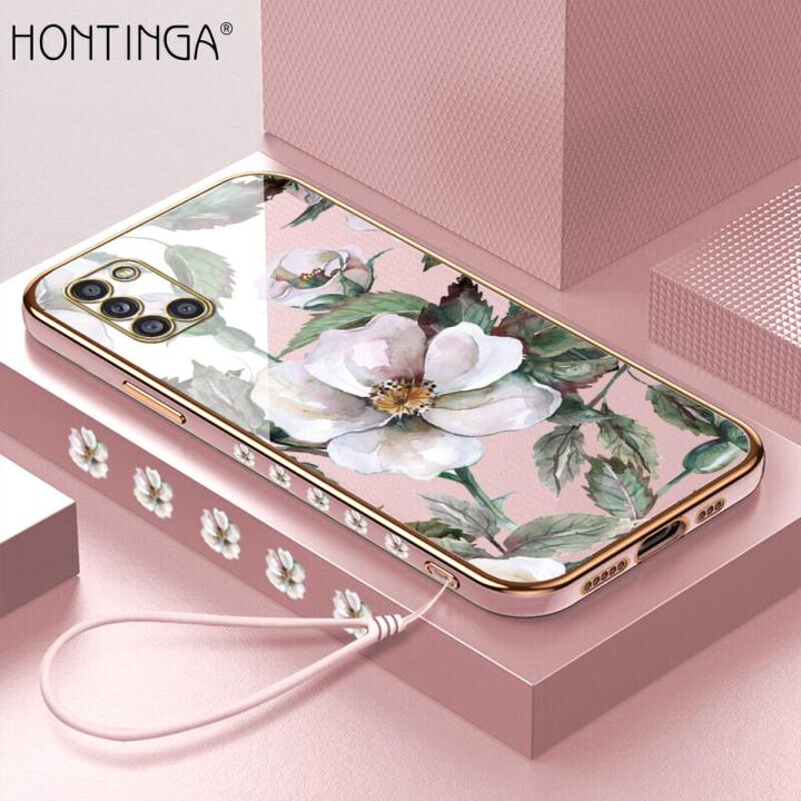 Hontinga for Samsung Galaxy A31 Back Cover With Lanyard Luxury 6D Plating Shiny Flower Case Soft Silicone Square Mobile Cover