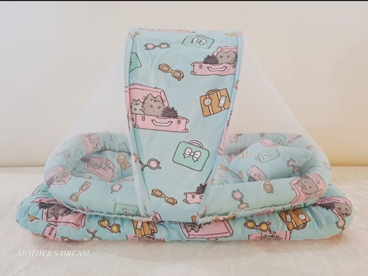 GP Baby Bed with Mosquito net and 1 pillow, Comfortable New born Baby Bistar multicolor [ SIZE CAN BE USED FOR 0 TO 6 MONTHS)