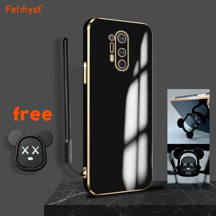 FELMYST Free FingerClasp For OnePlus 8 Pro Luxury 6D Bear Bracket With Lanyard Mobile Phone Plating Case Be@r Girl Boy Gift Square Casing Lens Protect Shockproof Silicone Soft Back Cover Cases