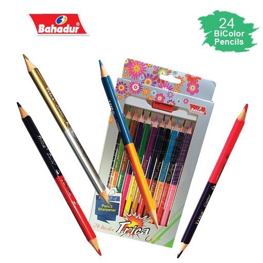 BAHADUR Pack of 12 Bicolor- Trica- COLOR PENCIL -24 Colors 2 in 1- IMPORTED Includes Silver & Gold- Colour- Stationery
