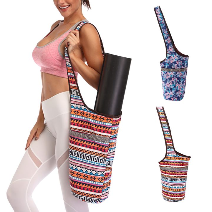 Fashion Yoga Mat Bag Printed Canvas Tote Bag Single Shoulder Washable Large Capacity Portable Zippered Pocket Yoga Mat Bag