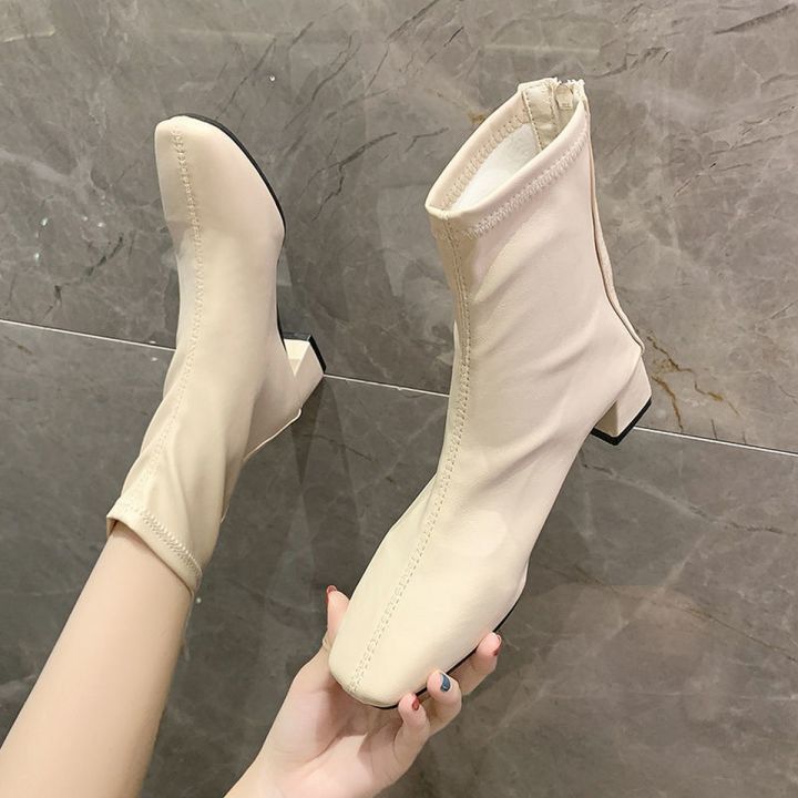 2021 new spring and summer all-match square toe British style rear zipper short boots women's all-match show feet small Martin square root boots