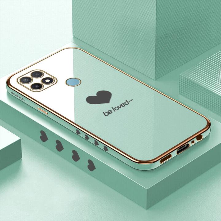 Luxury 6D Plating Soft Casing Silicone Square Frame Phone Case For OPPO A15 Case Shiny Bling Back Cover Lover Heart Square Edge Pattern Design Soft Case + Free Lanyard
