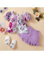 2 Pieces Girls Suit Set, Floral Print Short Puff Sleeve Ruffle Tops+ Solid Color Shorts, 6 Months-3 Years, Purple. 