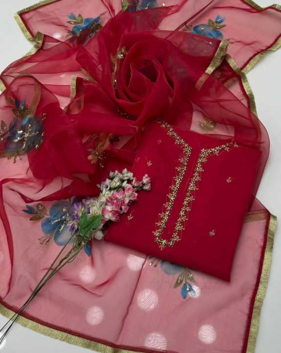 Fancy collection  Handwork Stones And Beads Work Organza Shirt With Handwork Zari Beads Work Oil Paint Organza Duppata 2 Pc Dress