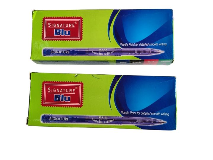 Pack of 20 Pens BLU Ball Point Pen by SIGNATURE, Blue ink, 0.7mm Needle Tip, Smooth Writing Plastic Body,