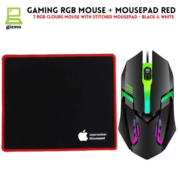 RGB Gaming Mouse With Mousepad - 7 Light Breathing Colours In Mouse & Red Medium Size Mouse Pad All Sides Stitched - USB Wired Gaming Mouse For PC & Laptop - No Side Button - Black & White