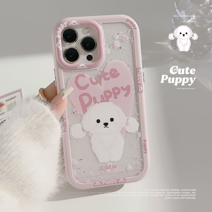 Sroof Case For iPhone 11 12 13 14 15 Pro Max Korean Girls Pink Cute Puppy Shockproof Silicone Soft Phone Case Back Cover