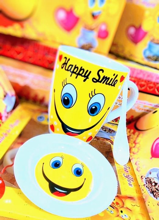 3 in 1 Tea/ Coffee Mug Gift Box, Happy Smile with Cute Face Printed on Coffee Cup, Set of Cup Spoon and Lid with Box Packing Gift for Girls/ Boys/ Someone Special