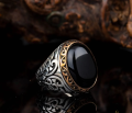 Elegant Oval Black Aqeeq Stone Silver Ring Turkish Ring for Men Rings for Husband Gift Ring For Boyfriend. 