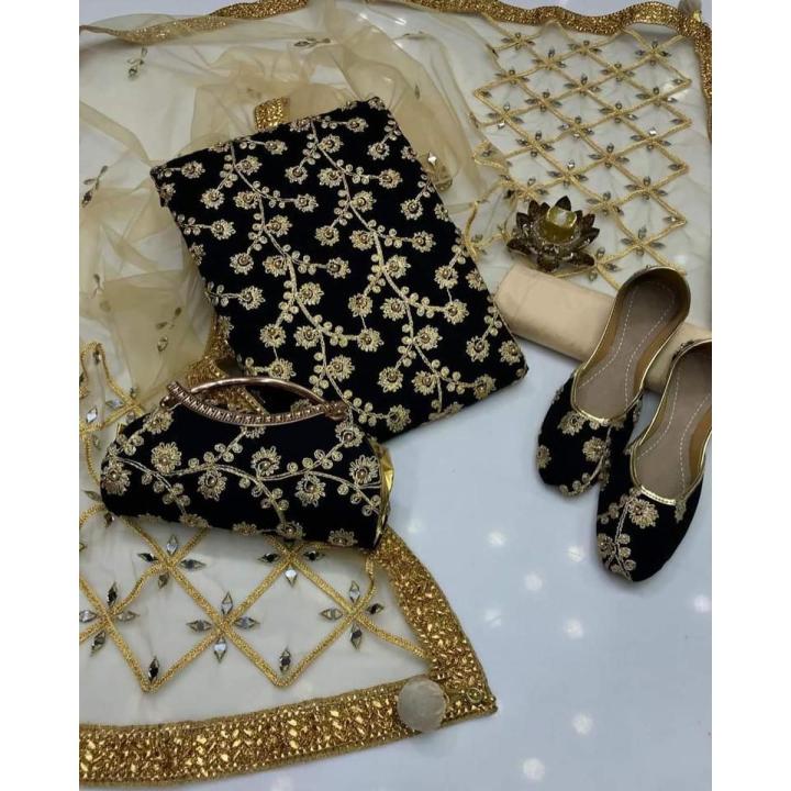 New fancy wedding wear dress - Black color 5 PCs unstitched dress - Chiffon nag jaal Shirt Masoori trouser and Net mirror work dupatta with Khussa & Clutch
