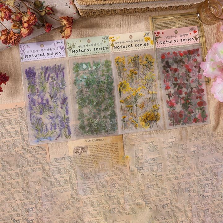 6 pcs/pack Decorative Material Nature PVC Flower Sticker Adhesive ...