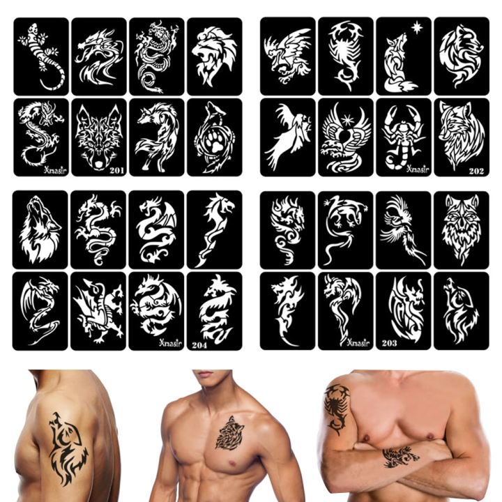 30 Multiple Designs Stencils Sheet  Tattoo Stencil For Man  Body Painting Dragon Skull Wolf Eagle  Self-Adhesiver Tattoo Sticker Templates
