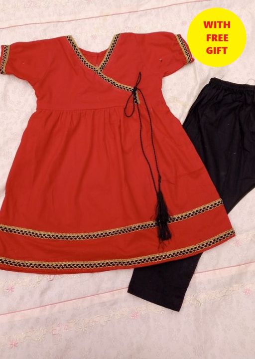 Fashion Brilliance- PLAN SUMMER COTTON RED & BLACK  BABY GIRLS FROCK with TROUSER  MOST ELEGENT AND UNIQUE QUALITY stuff  FOR bABY GIRLS Summer Season .