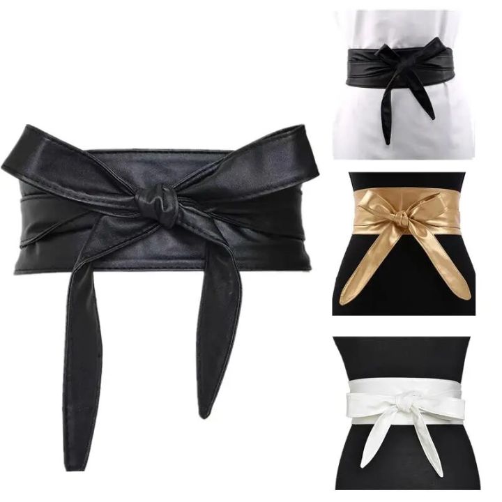 Green Women Belt Leather Cumber Bands For Women Wide Waist Belt Bow Self Tie Wrap Brand Ladies Fashion Belt