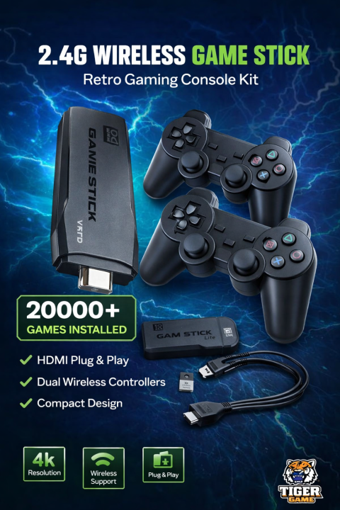 Console Rétro HDMI Plug-and-play – 20 000+ Jeux, 2 Manettes Sans Fil, Game Stick Familial