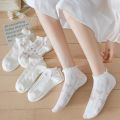 5 Pairs/Set White Frilly Ruffle Bow Tie Print Socks Cute Lolita Style Soft Breathable Cotton Sock. 
